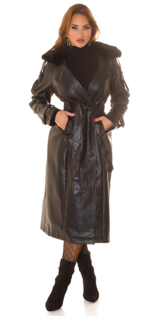 Faux leder winter mantel in trenchmantel look zwart